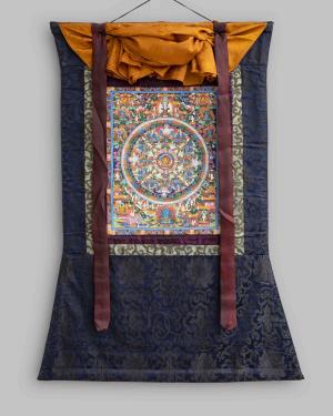 Shakyamuni Buddha Mandala Thangka With Blue Brocade | Avalokiteshvara on Top | Tibetan Thangka Wall Hanging